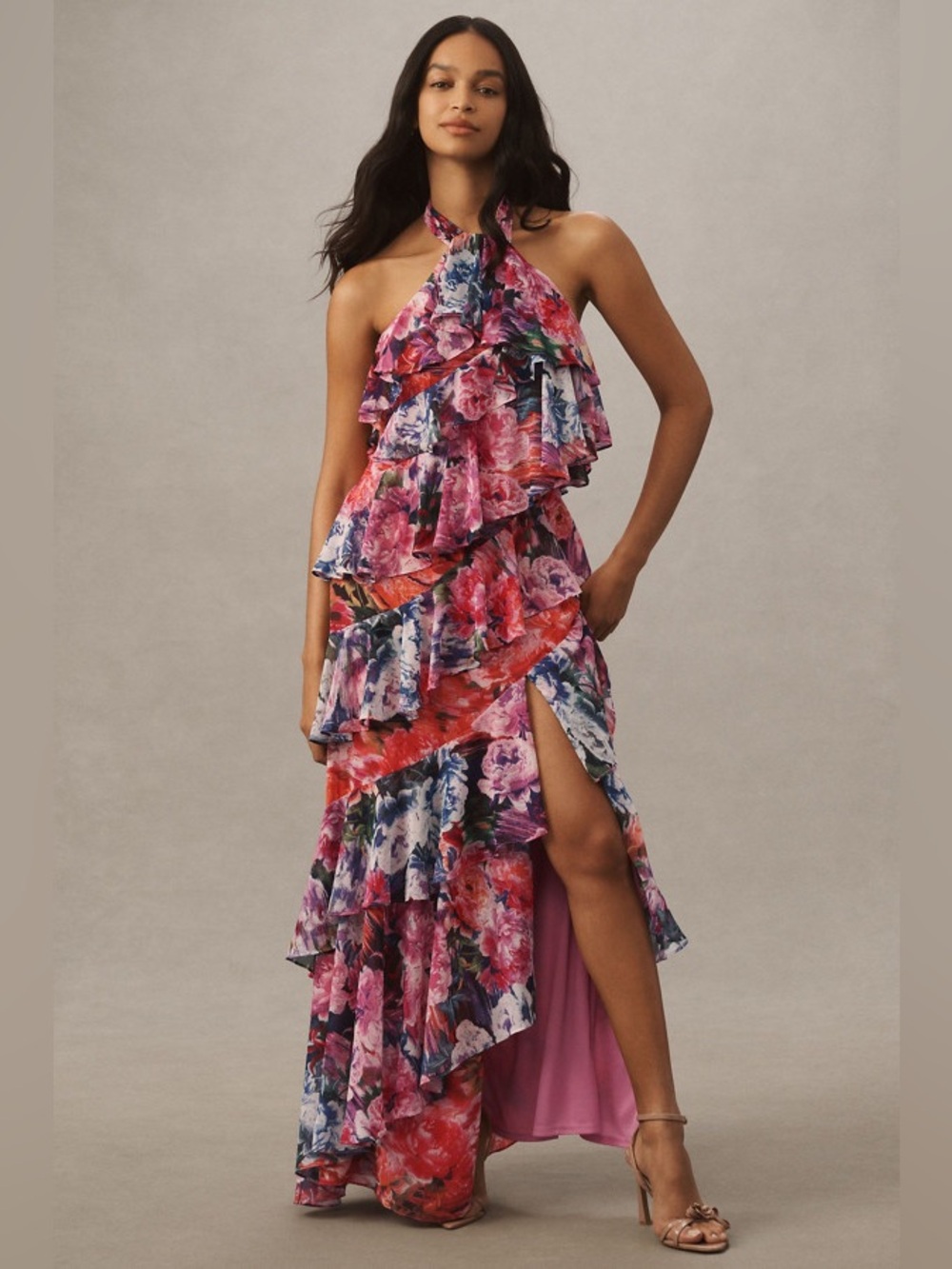 BHLDN Isabel Halter Ruffle Chiffon Maxi Dress Medium
